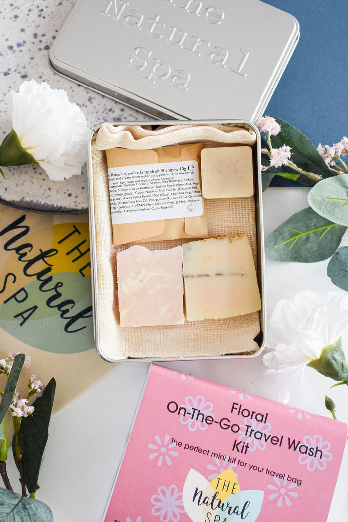 floral on the go travel was kit, gift set, travel tin, travel-sized, hand luggage, solid toiletries, plastic-free, vegan, inside