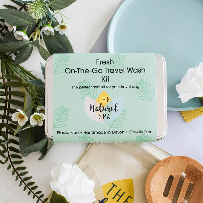 fresh on the go travel was kit, gift set, travel tin, travel-sized, hand luggage, solid toiletries, plastic-free, vegan