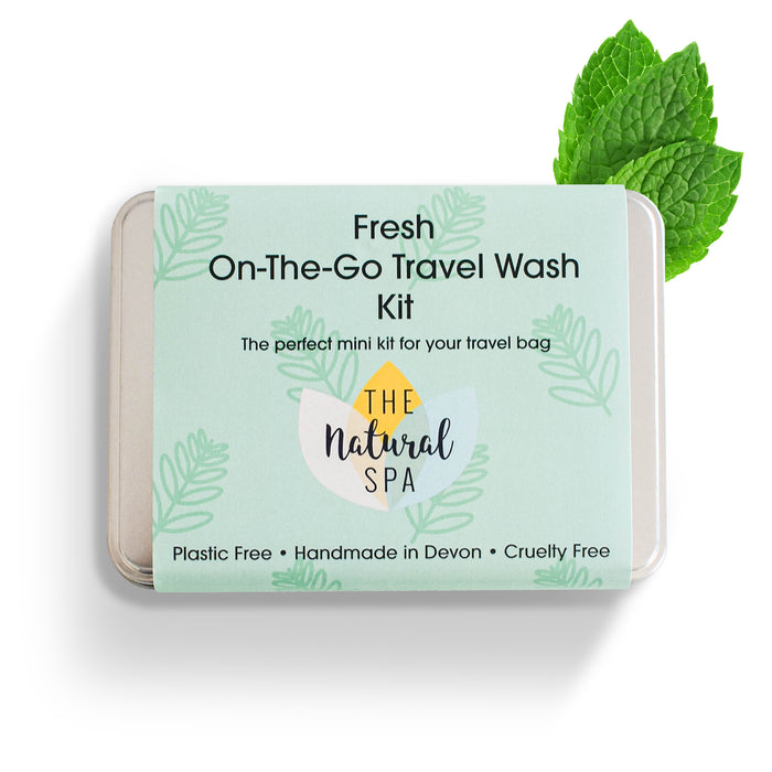 fresh on the go travel was kit, gift set, travel tin, travel-sized, hand luggage, solid toiletries, plastic-free, vegan