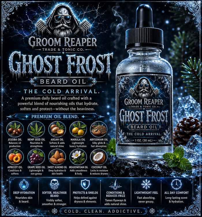 "Ghost Frost beard care bundle by Groom Reaper Trade and Tonic Co., small-batch handcrafted cold and clean scent beard products"