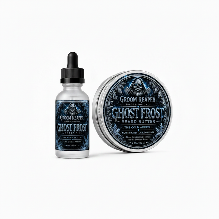 Groom Reaper Ghost Frost Beard Oil & Butter 2-Piece Set – The Cold Ritual – cold clean addictive – vanilla mint scent – 1 oz beard oil and 2 oz beard butter – small-batch beard care bundle for men