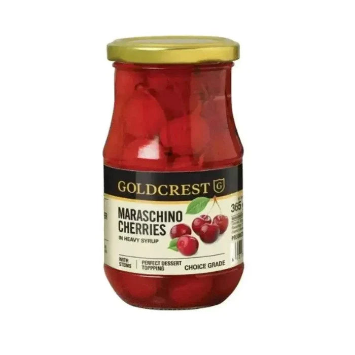 Goldcrest Maraschino Cherries 365g jar with soaked cherries for desserts and drinks