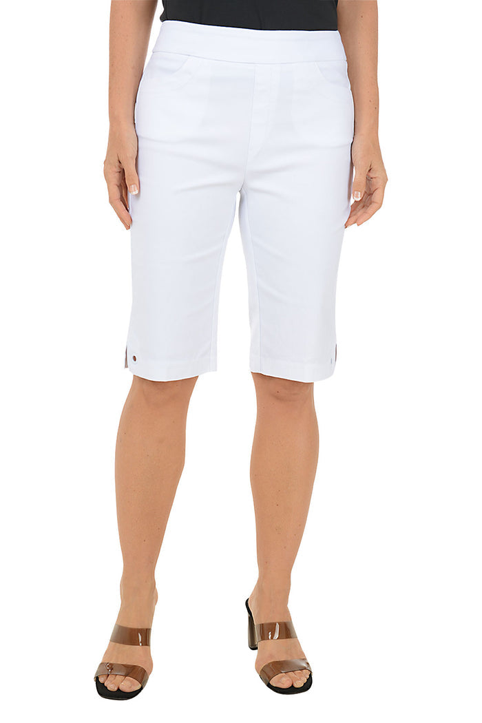 White shorts worn by a person on a white background.