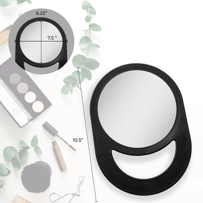 Zadro ZH2003 705004422192 environment photo with dimensions, hand mirror with handle in front of a real life setting