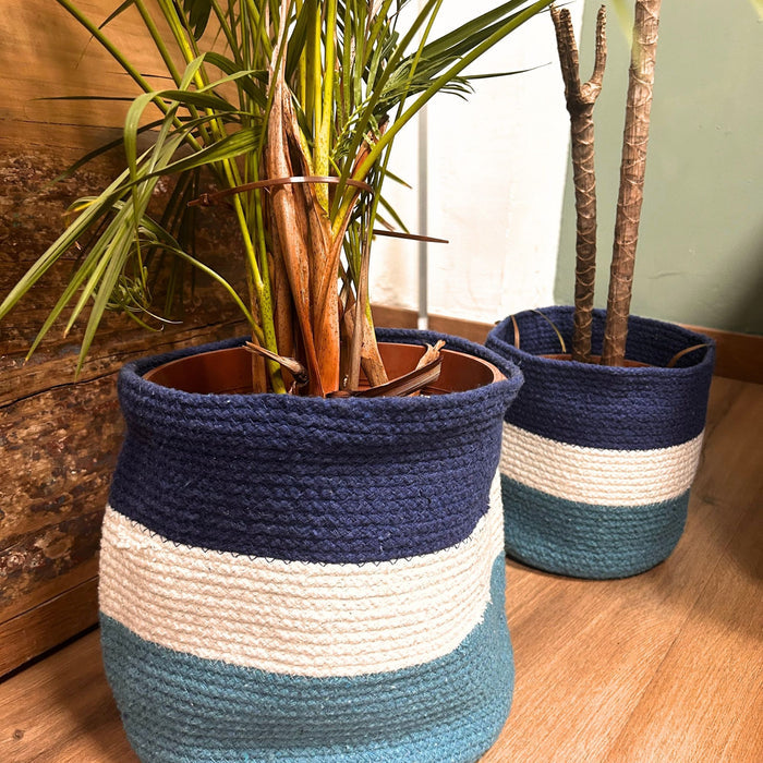 Handmade Baskets SET of 3 Jute Rope Blue & White Striped Design