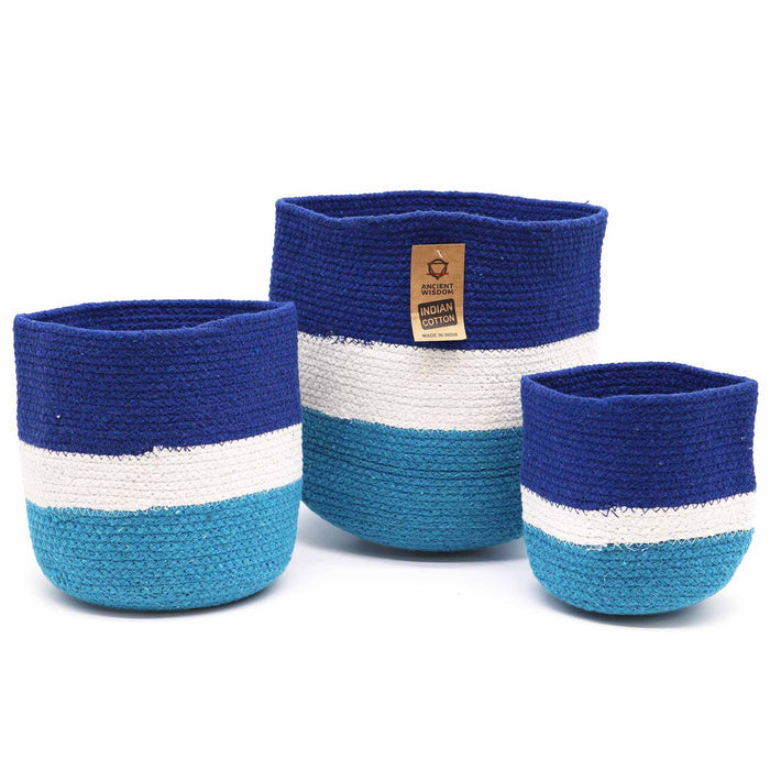 Handmade Baskets SET of 3 Jute Rope Blue & White Striped Design