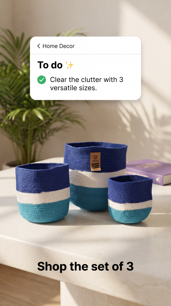 Handmade Baskets SET of 3 Jute Rope Blue & White Striped Design