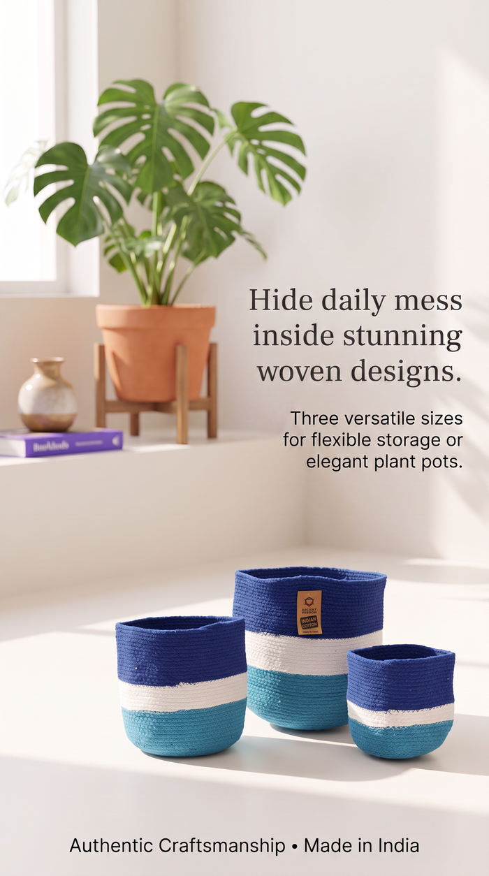 Handmade Baskets SET of 3 Jute Rope Blue & White Striped Design