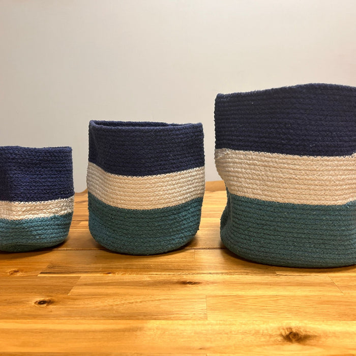 Handmade Baskets SET of 3 Jute Rope Blue & White Striped Design