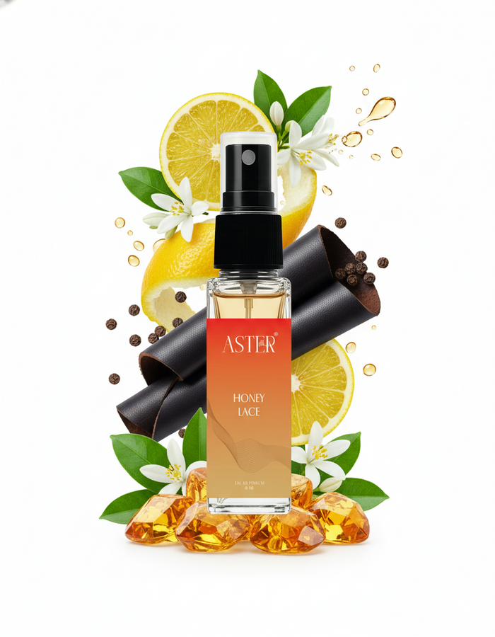 8ml bottle of Honey Lace EDP for Oud perfume, showcasing a rich amber liquid and elegant gold accents.