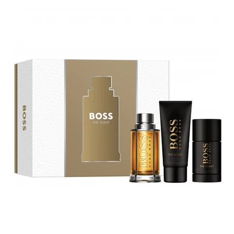 Hugo Boss The Scent gift set featuring 100ml Eau de Toilette, shower gel, and 75g deodorant stick in a sleek packaging.