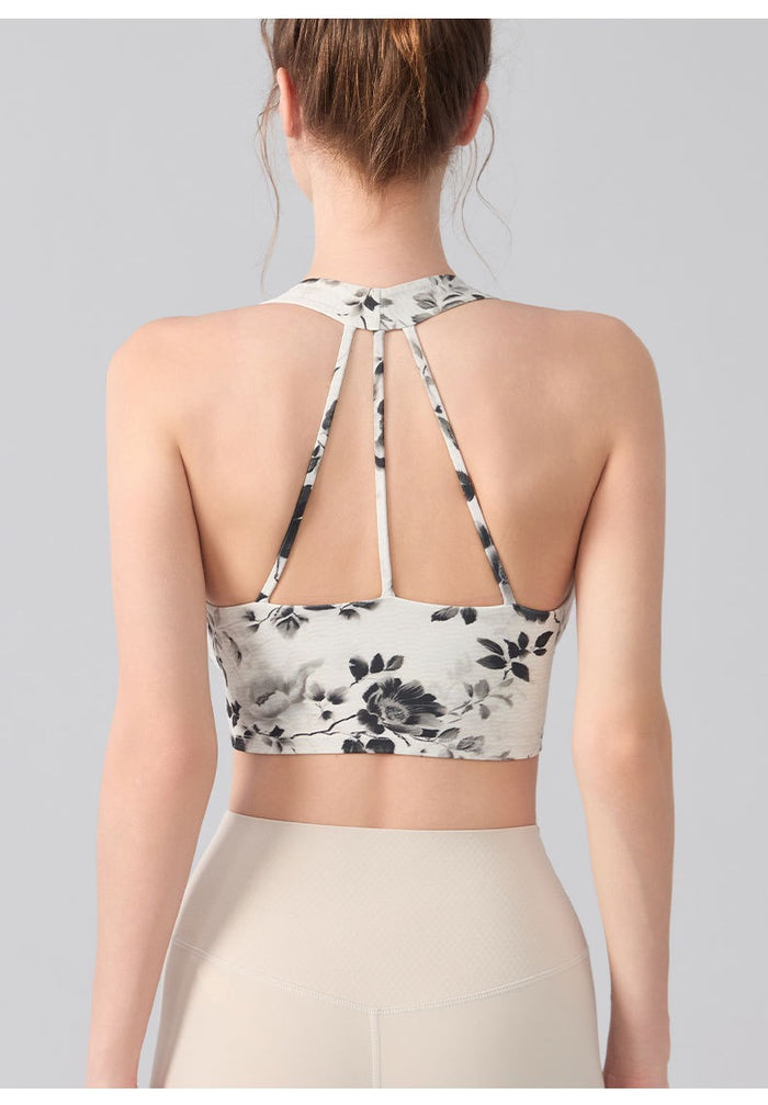 Ink Floral Halter Sports Bra – Twist Front Seamless Yoga Top