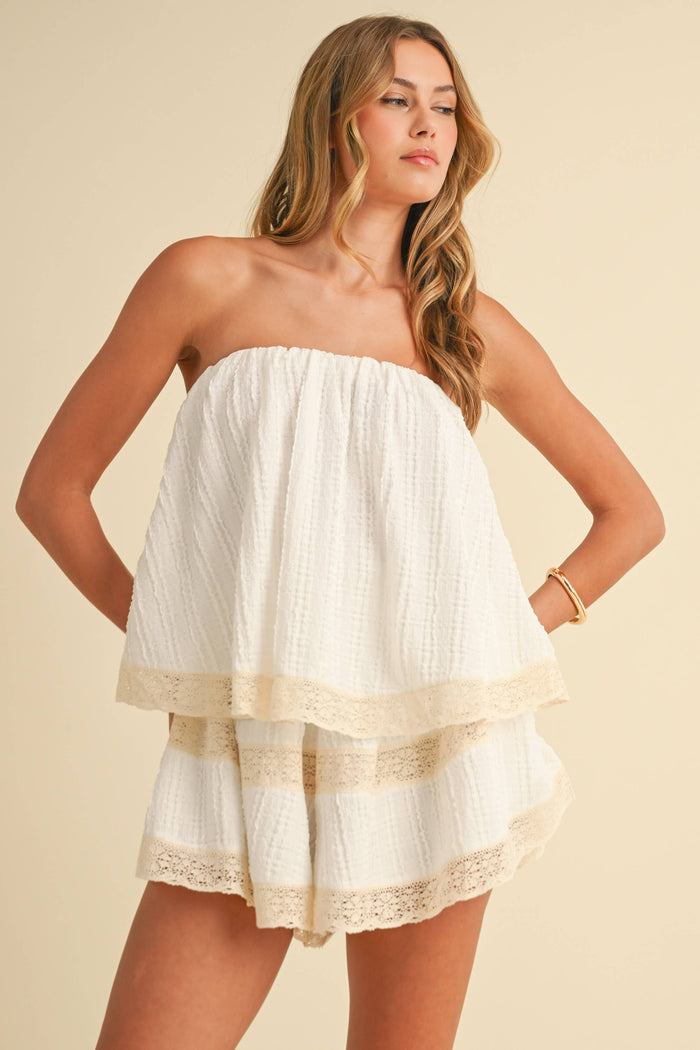 IR2218 TEXTURED LAYERED TUBE ROMPER WITH LACE TRIM
