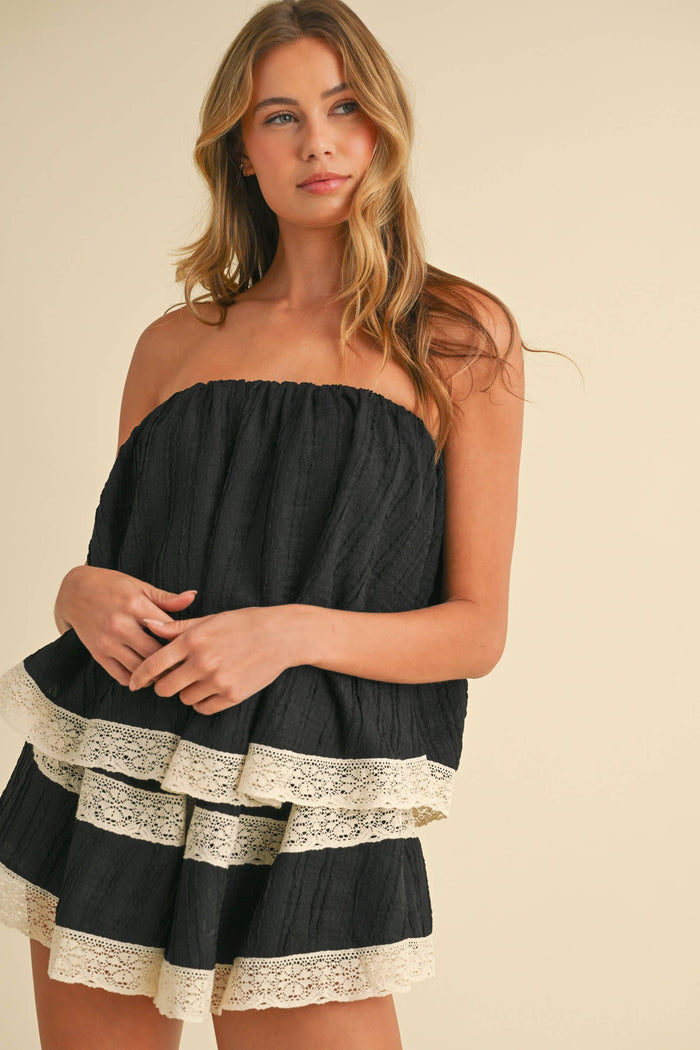 IR2218 TEXTURED LAYERED TUBE ROMPER WITH LACE TRIM