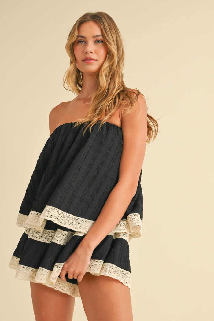 IR2218 TEXTURED LAYERED TUBE ROMPER WITH LACE TRIM