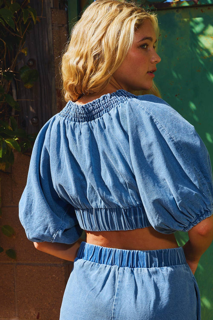IT2266C | Smocked Ruffle V-neck Crop Top Denim Blouse
