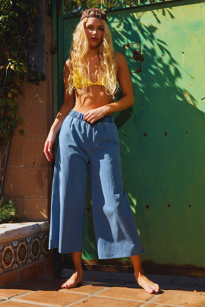 IT2266C | Smocked Ruffle V-neck Crop Top Denim Blouse