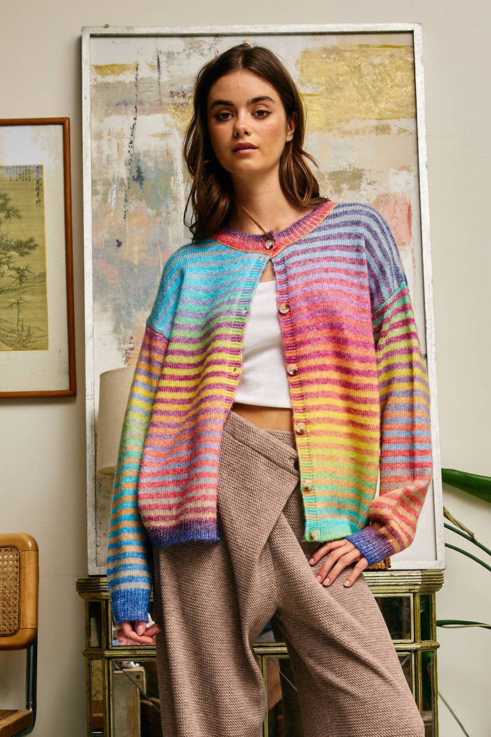 IT3002 Space-Dye Striped Button-Down Cardigan