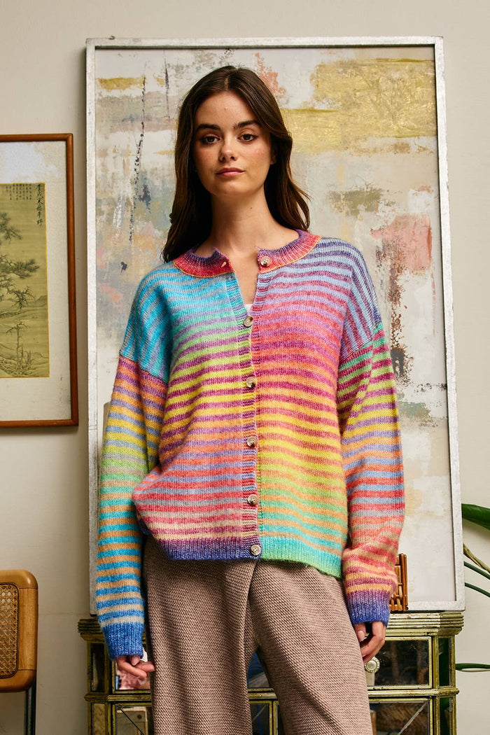 IT3002 Space-Dye Striped Button-Down Cardigan