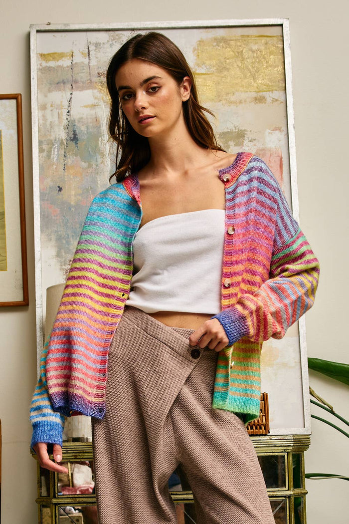 IT3002 Space-Dye Striped Button-Down Cardigan