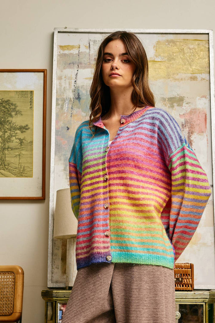 IT3002 Space-Dye Striped Button-Down Cardigan