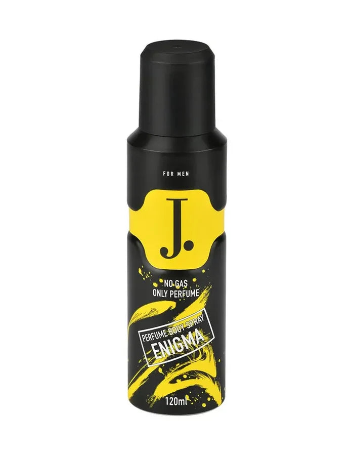 Black and yellow perfume bottle with 'J.' branding on a white background