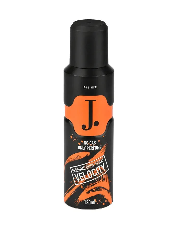 Black and orange perfume spray bottle labeled 'J' on a white background