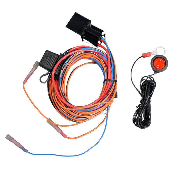 A kill switch harness with multicolored wires and a red kill switch button, intended for use with Lumastep M1 & Lumastep M2 running boards.