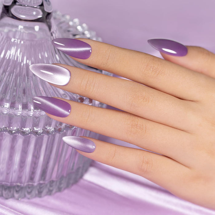 Lavender swirl moonlight cat eye gel polish soft lilac pearlescent shimmer spring summer romantic elegant manicure
