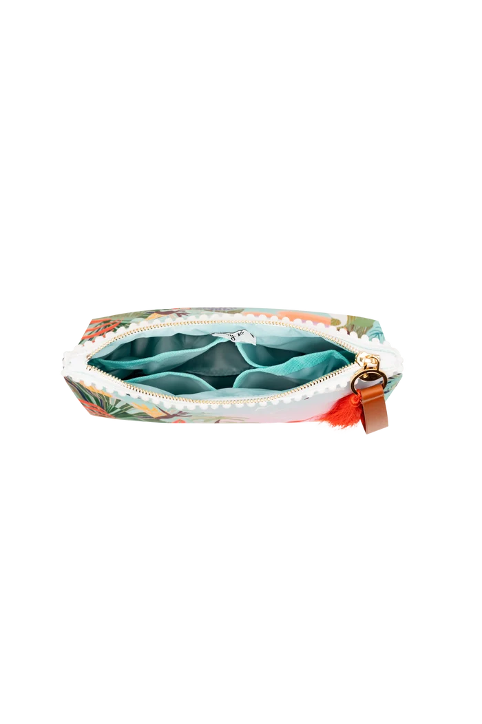 Floral patterned pouch with a zipper on a white background