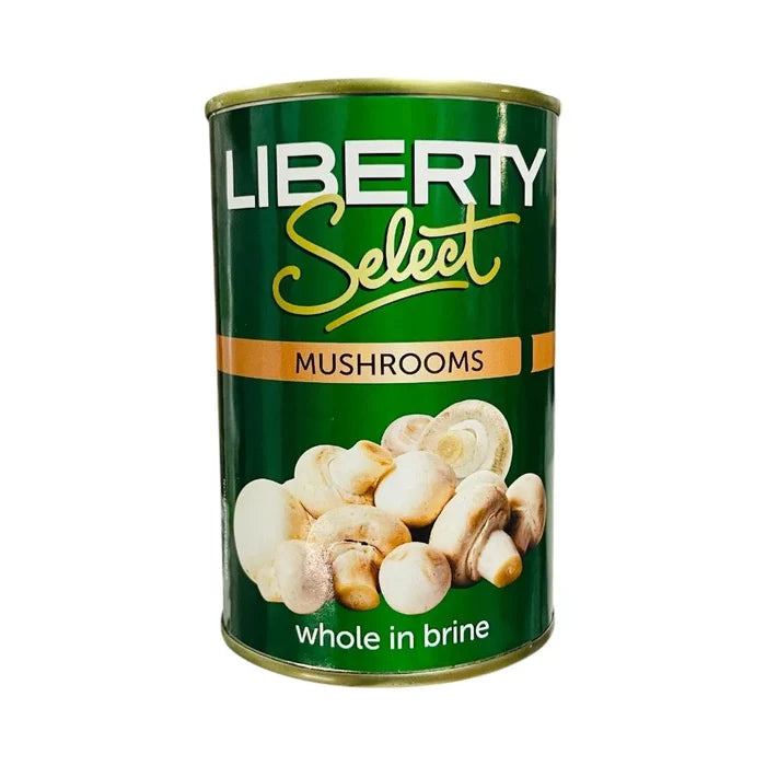 Front of Liberty Select whole mushrooms in brine 400g can