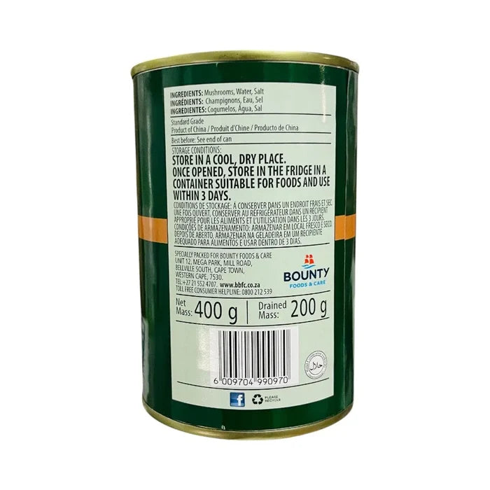 Back label of Liberty whole mushrooms in brine showing ingredients, storage and 200g drained weight