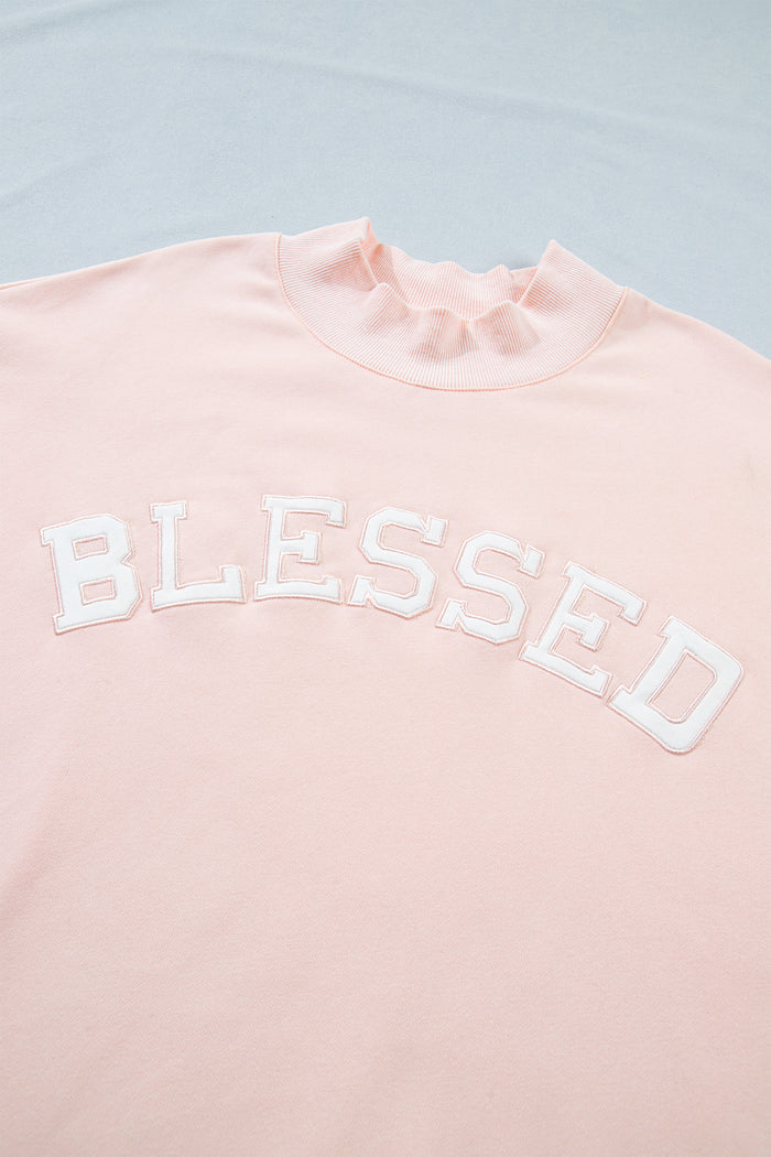 Light Pink BLESSED Embroidered Trim Patch Graphic Plus Size Mock Neck Sweatshirt