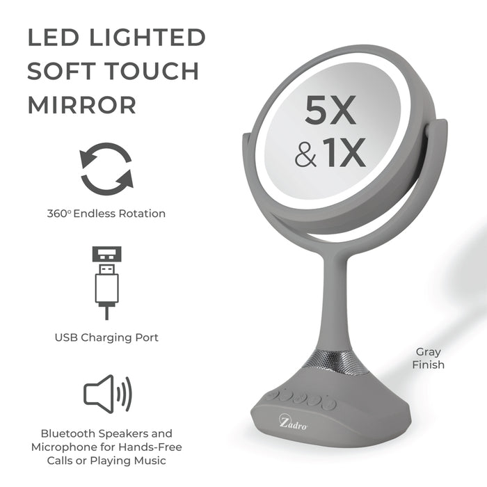 Zadro LEDBTV2001 705004422215 product photo side view with specs, lighted makeup mirror with magnification, bluetooth & usb in front of a white background