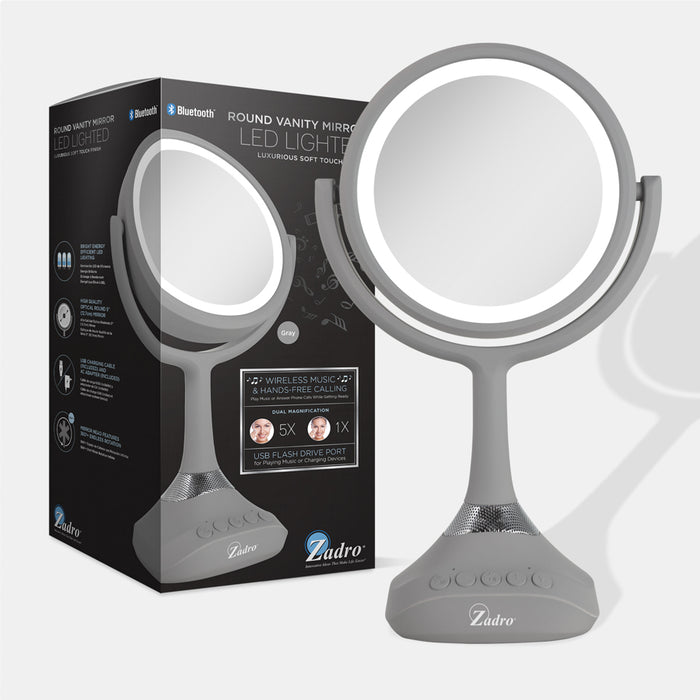 Zadro LEDBTV2001 705004422215 product photo front view with gift box, lighted makeup mirror with magnification, bluetooth & usb in front of a white background