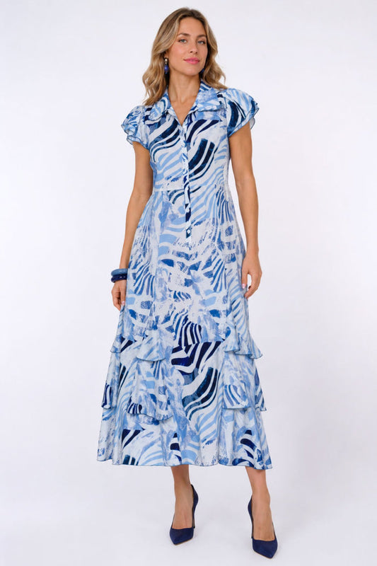 LIOR Women's Blue Zebra Ruffle Sleeve Half Placket Panel Dress - "Armenia" #4