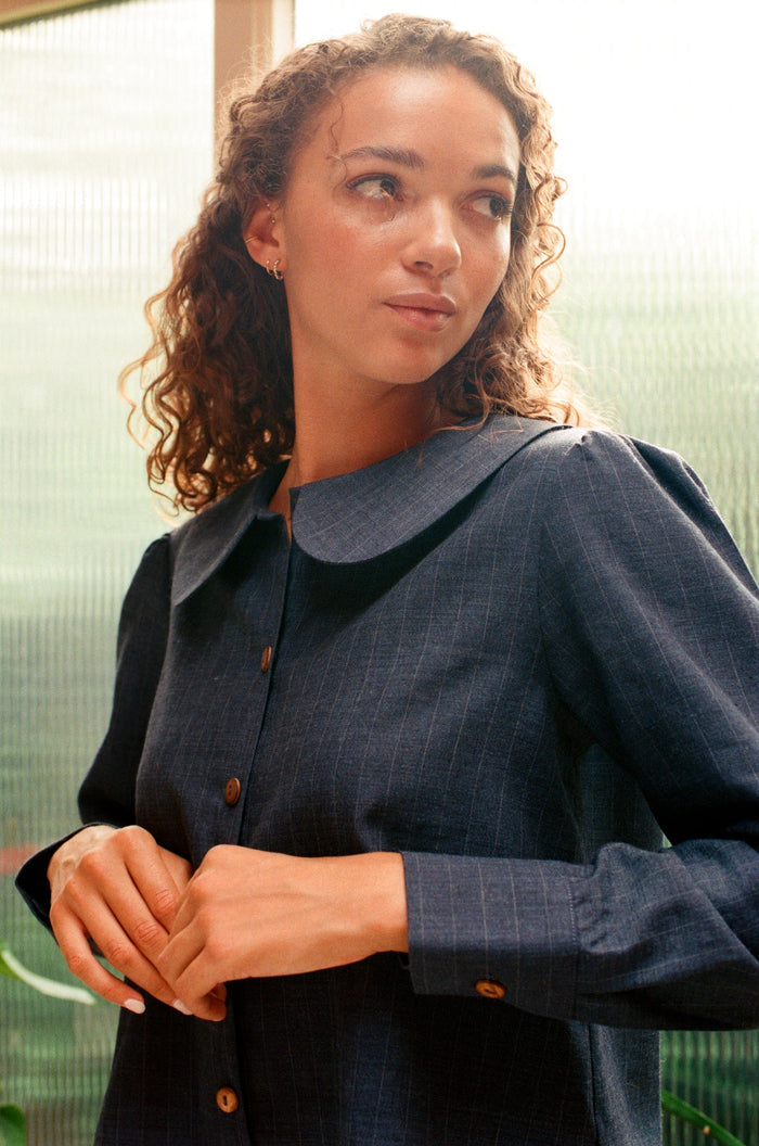 Má + Lin Claudine Wool Linen Overshirt - Navy Pinstripe