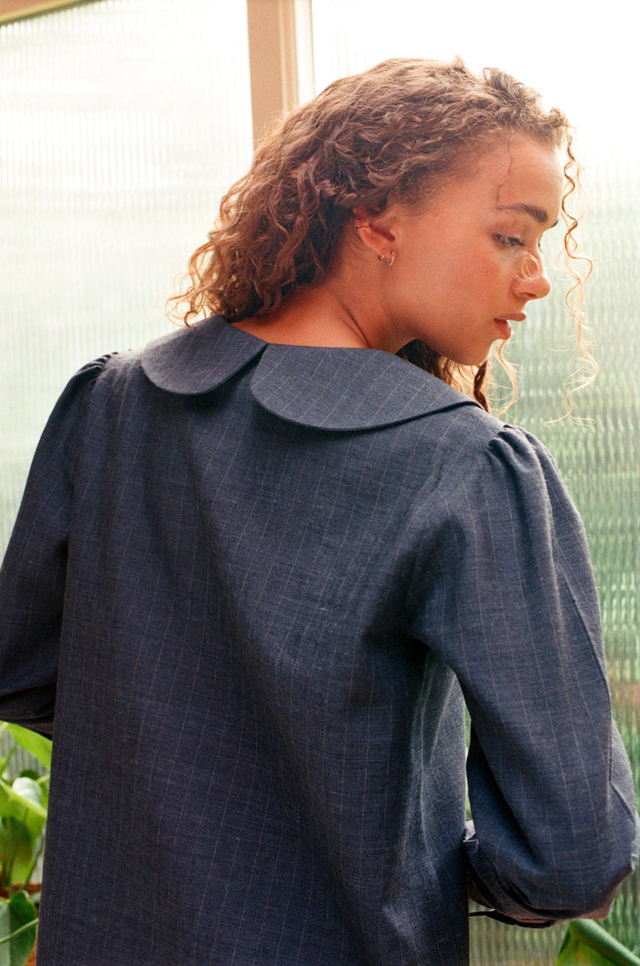 Má + Lin Claudine Wool Linen Overshirt - Navy Pinstripe