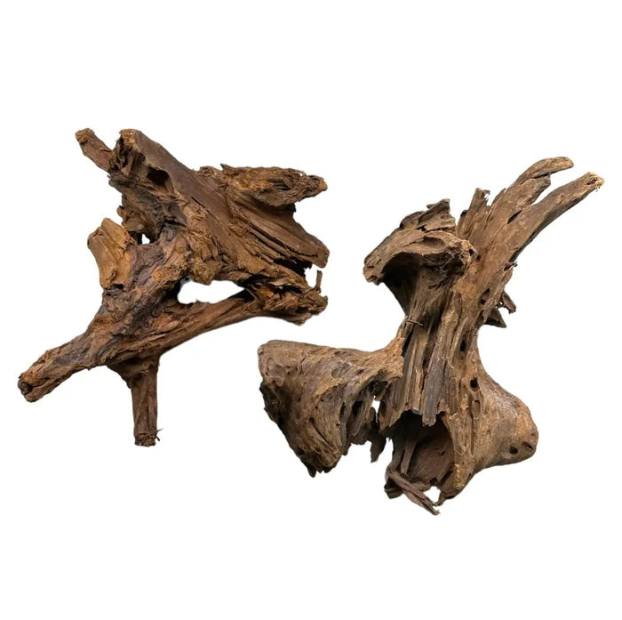 Two pieces of weathered Malaysian driftwood in rustic brown tones