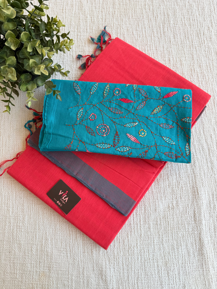 Mangalgiri Cotton Saree with kantha work blouse