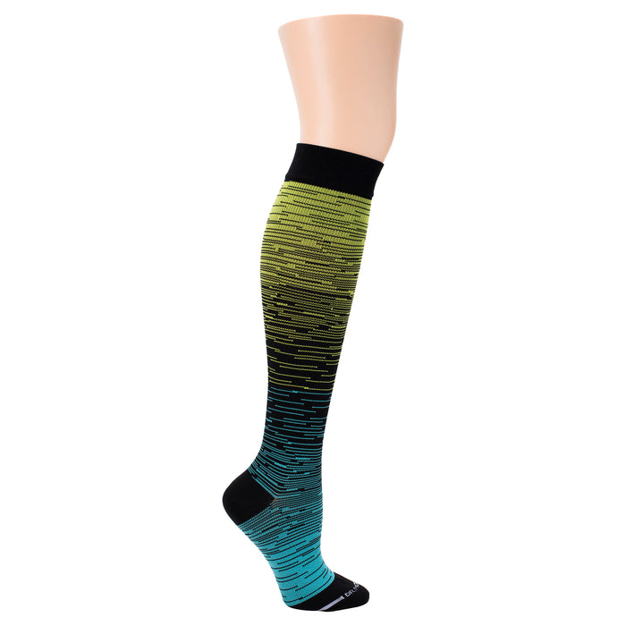 Knee-high compression sock featuring an ombre design in green, black, and blue colors.