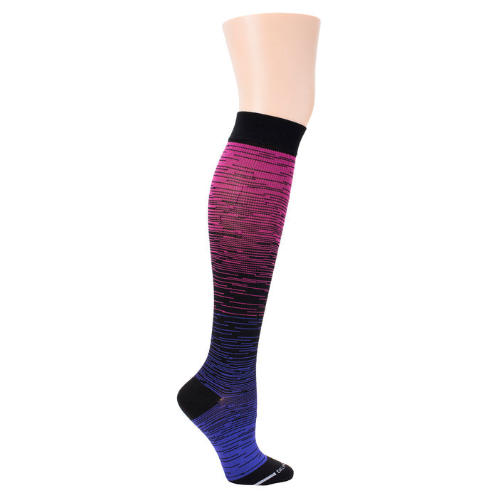 Knee-high compression sock featuring an ombre design transitioning from pink to blue with a black band at the top.