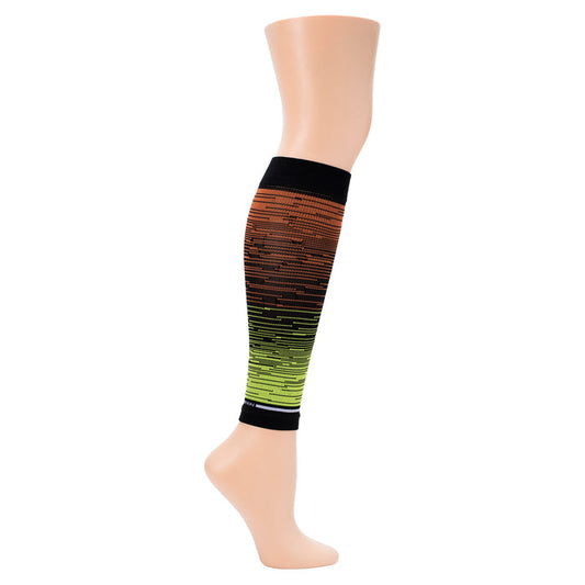 Compression calf sleeve featuring an ombre design in orange, black, and green colors, displayed on a mannequin leg.