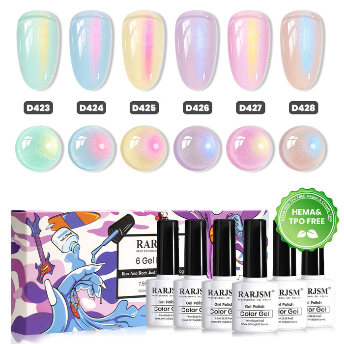 Mermaid Jelly Pearl Gel Polish Set - 6 Pastel Colors Translucent Jelly & Pearl Shimmer 7.5ml - TPO & HEMA Free