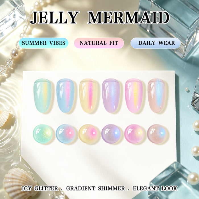Mermaid Jelly Pearl Gel Polish Set - 6 Pastel Colors Translucent Jelly & Pearl Shimmer 7.5ml - TPO & HEMA Free