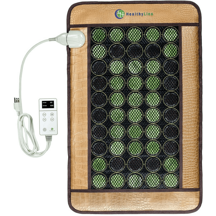Mesh JT Pad Medium 3220 Soft InfraMat Pro® | HealthyLine wellness device with jade and tourmaline stones on tan textured surface and digital control for body care and recovery.
