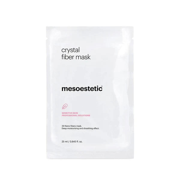 Mesoestetic Post Peel Crystal Fiber Mask for sensitive skin, designed for professional skincare recovery and hydration.