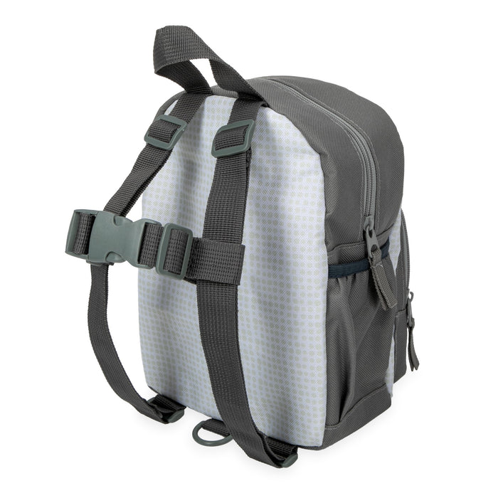 The Nuby Mini Canvas Backpack with Safety Harness is a small gray and light blue toddler backpack featuring black adjustable straps and a front buckle, shown upright on a white background—ideal for your little one's safety.