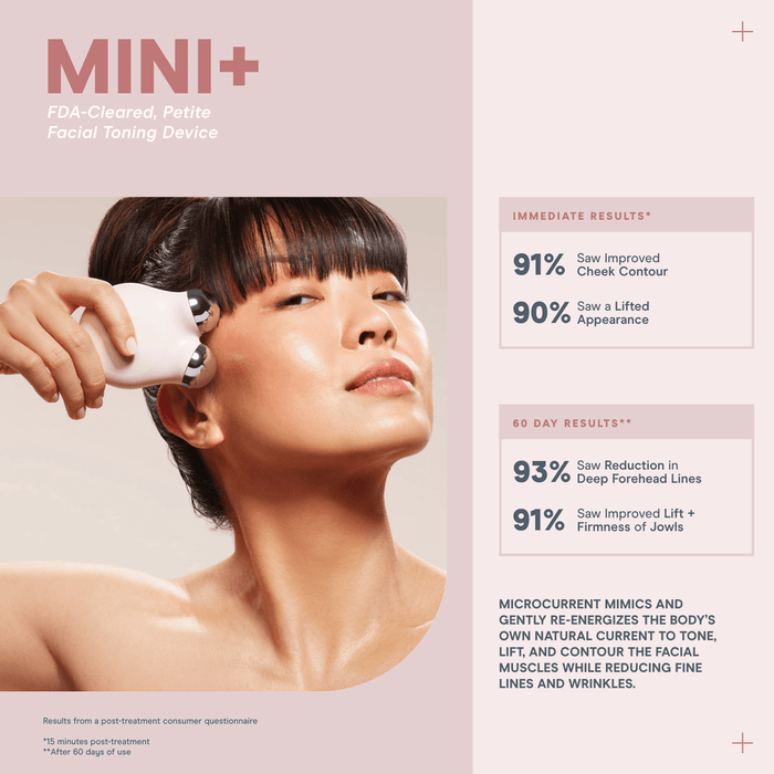 Woman using the MINI+ Starter Kit | NuFACE FDA-cleared petite facial toning device on her cheek, with text highlighting clinical results for skincare and contour improvement.