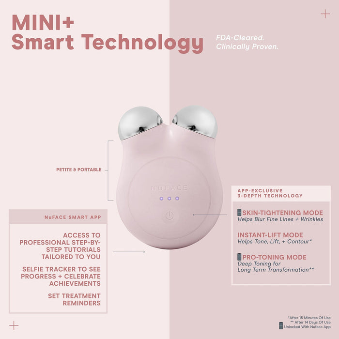 MINI+ Starter Kit | NuFACE device shown with key features including petite and portable design, app-exclusive 3-depth technology for skin-tightening, instant-lift, and pro-toning modes.